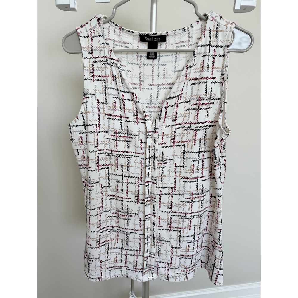 White House Black Market Blouse Womens Medium Ivory Polyester Plaid V-Neck Shell